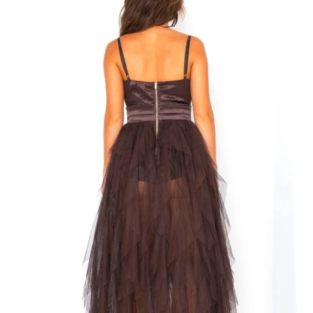 Stasia Chocolate Tulle: Brown Maxi Satin Tube Dress Small - Picture 4 of 5